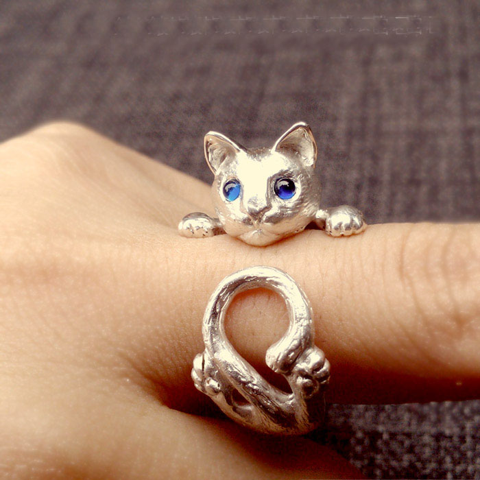 Handmade Cute Cat And The Eyes Mosaic Gem 925 Sterling Silver Ring